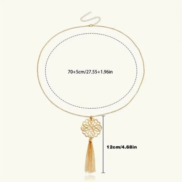 NEW Gold Lotus Flower Mandela Tassle Long Pendant Necklace - Picture 5 of 5